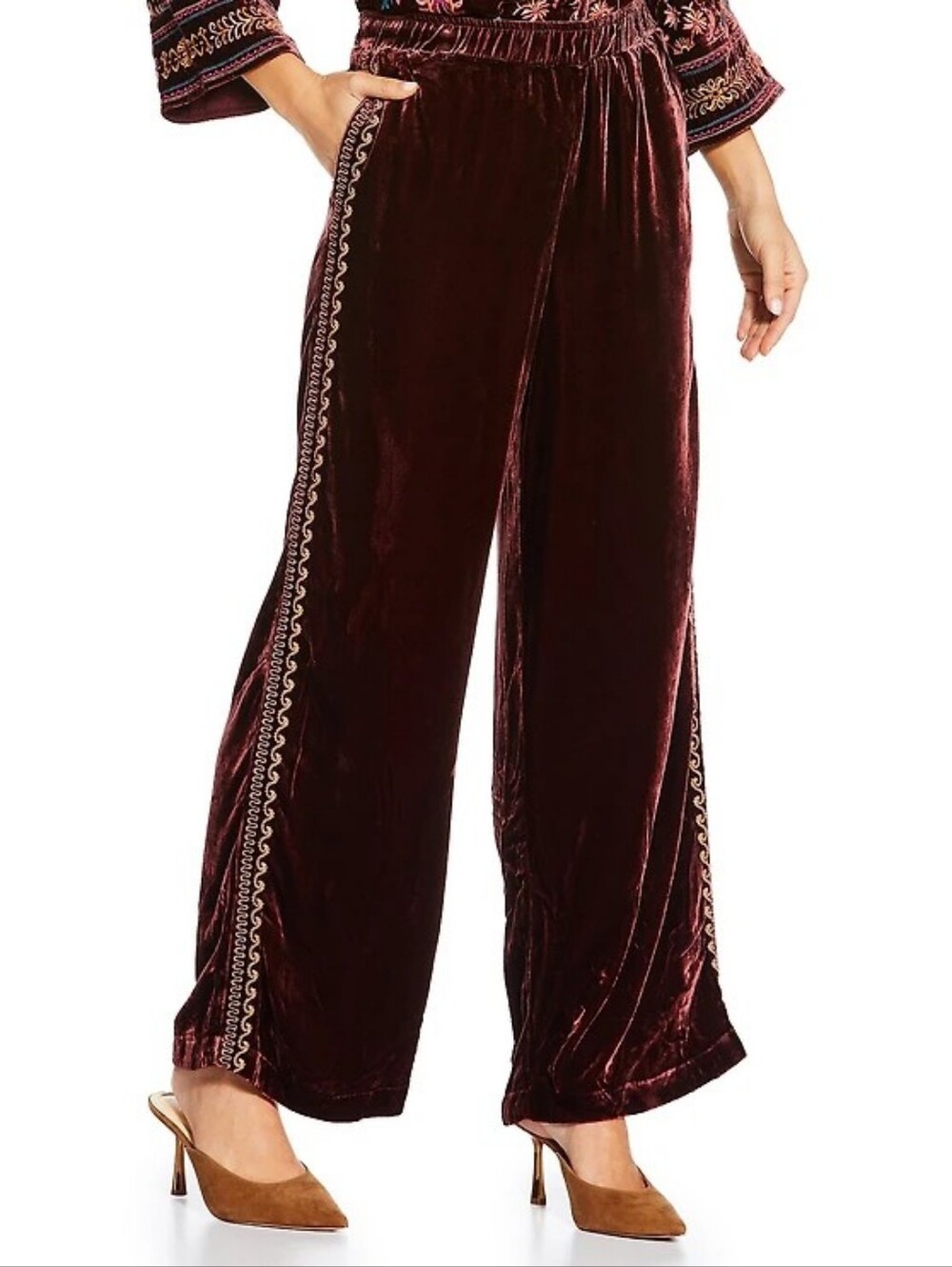 NWT Johnny Was Burgundy Velvet/Silk Blend Wide-Leg Pants with Gold Trim- Small